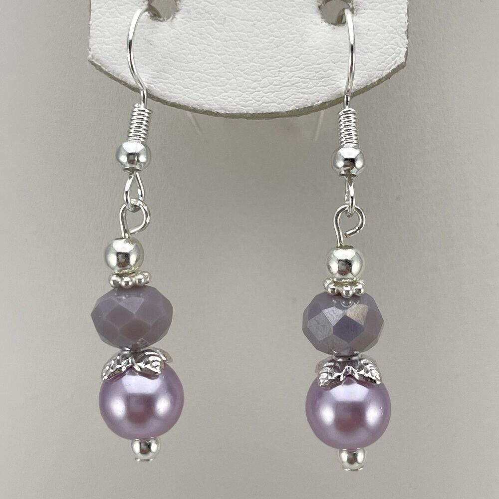 Dainty Purple Glass Pearl Beaded Dangle Earrings Silver Tone Cute Unique